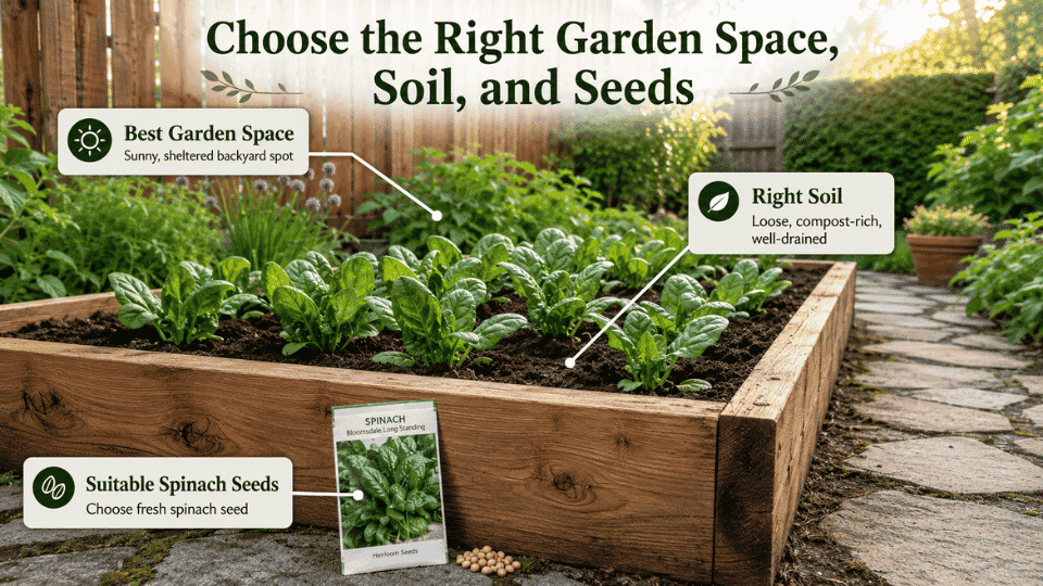how to grow spinach in a home garden with space soil and seed infographic