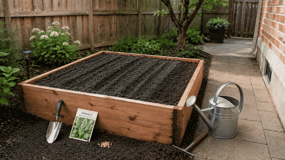 how to grow spinach in a home garden shows gentle watering after seeds are sown in rows