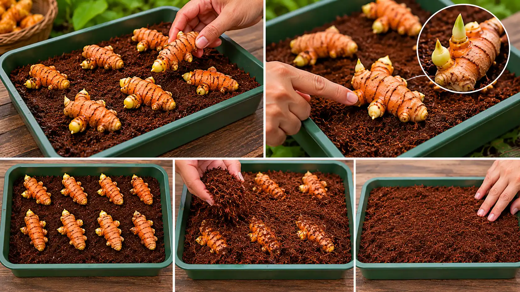 turmeric rhizomes are spaced in a coir tray, covered loosely, and left ready for sprouting