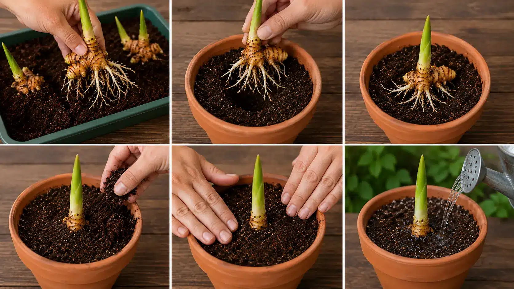 sprouted turmeric rhizomes are moved into small pots, centered upright, covered gently, and lightly watered
