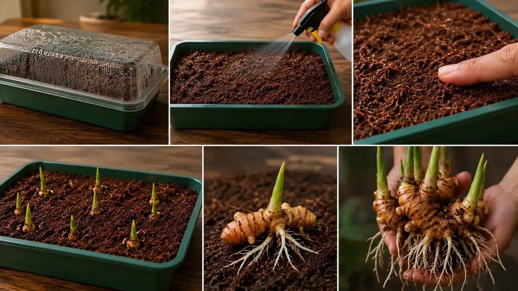 collage shows covered tray, misted coir, green shoots, roots, and sprouted rhizomes ready for potting