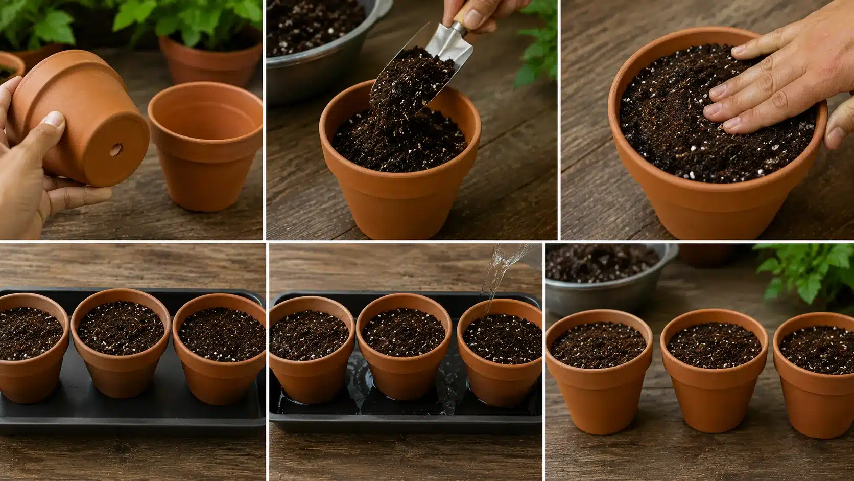 small terracotta pots are filled with moist compost-rich soil and watered before transplanting young turmeric plants