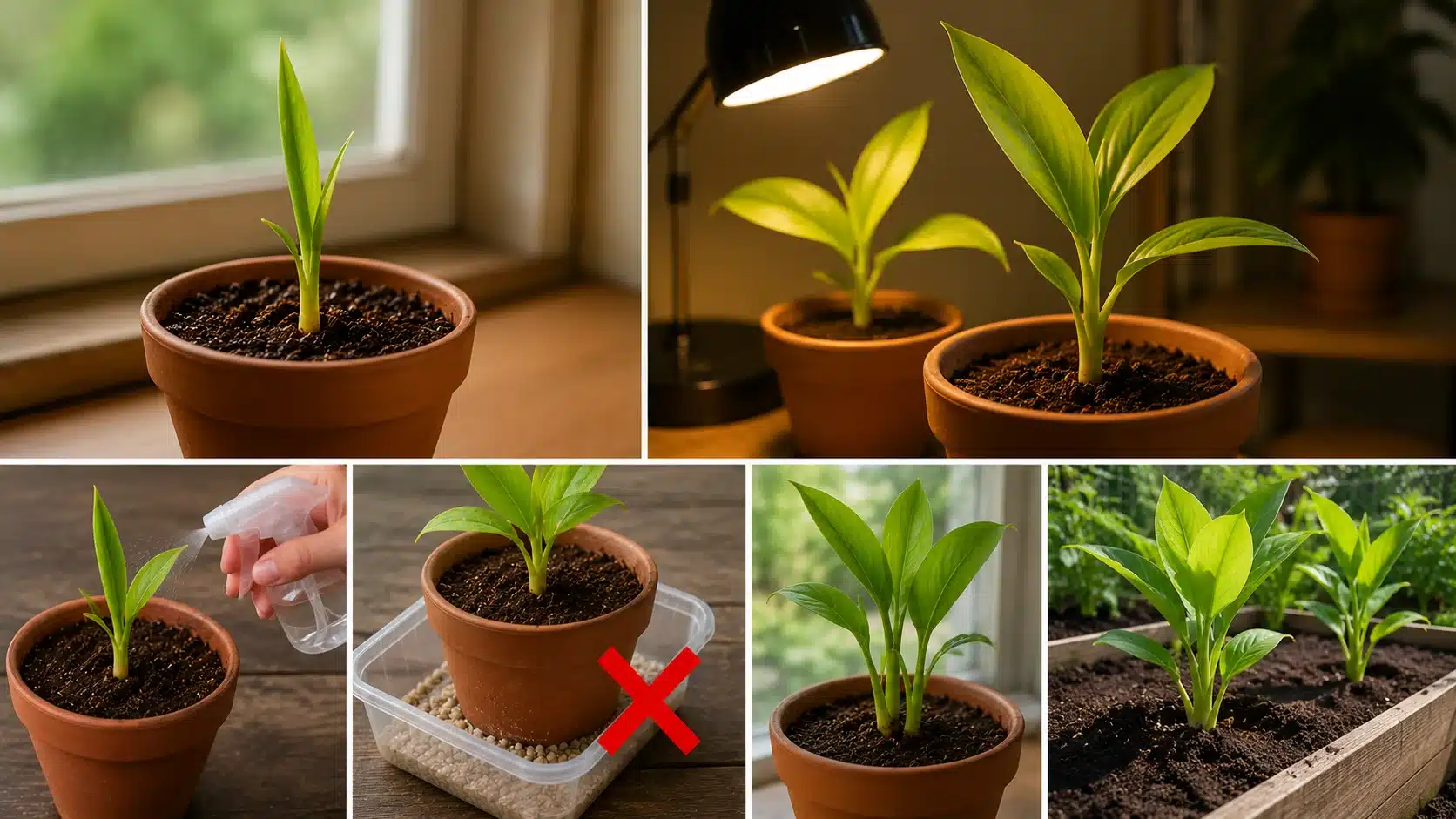 young turmeric plants grow indoors with bright light, gentle watering, drainage, and outdoor bed transition