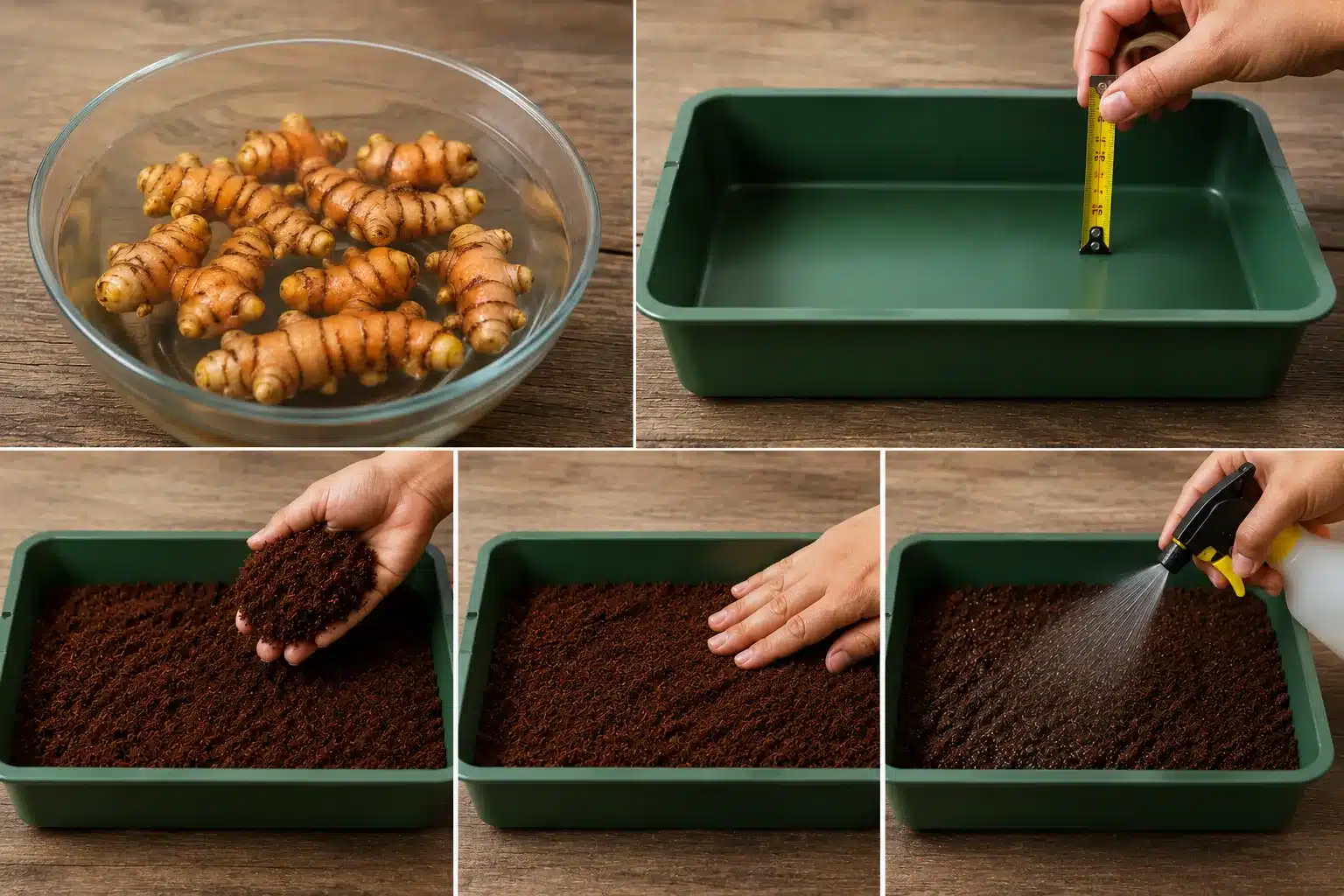 collage shows turmeric soaking, tray depth, coconut coir filling, leveling, watering, and ready planting setup