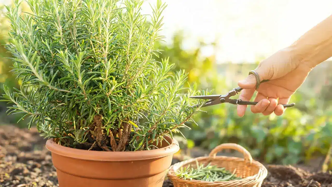a gardener points to fresh rosemary growth with pruning shears resting on the garden soil nearby