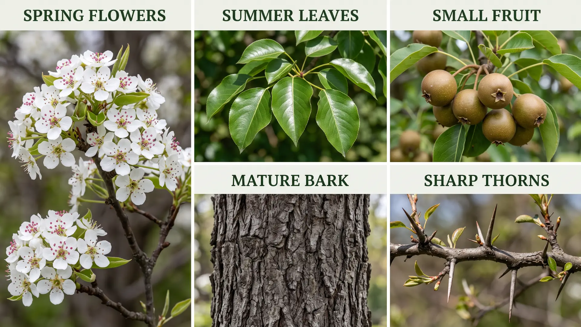 Identify a bradford pear tree with leaves, flowers, bark, and thorns