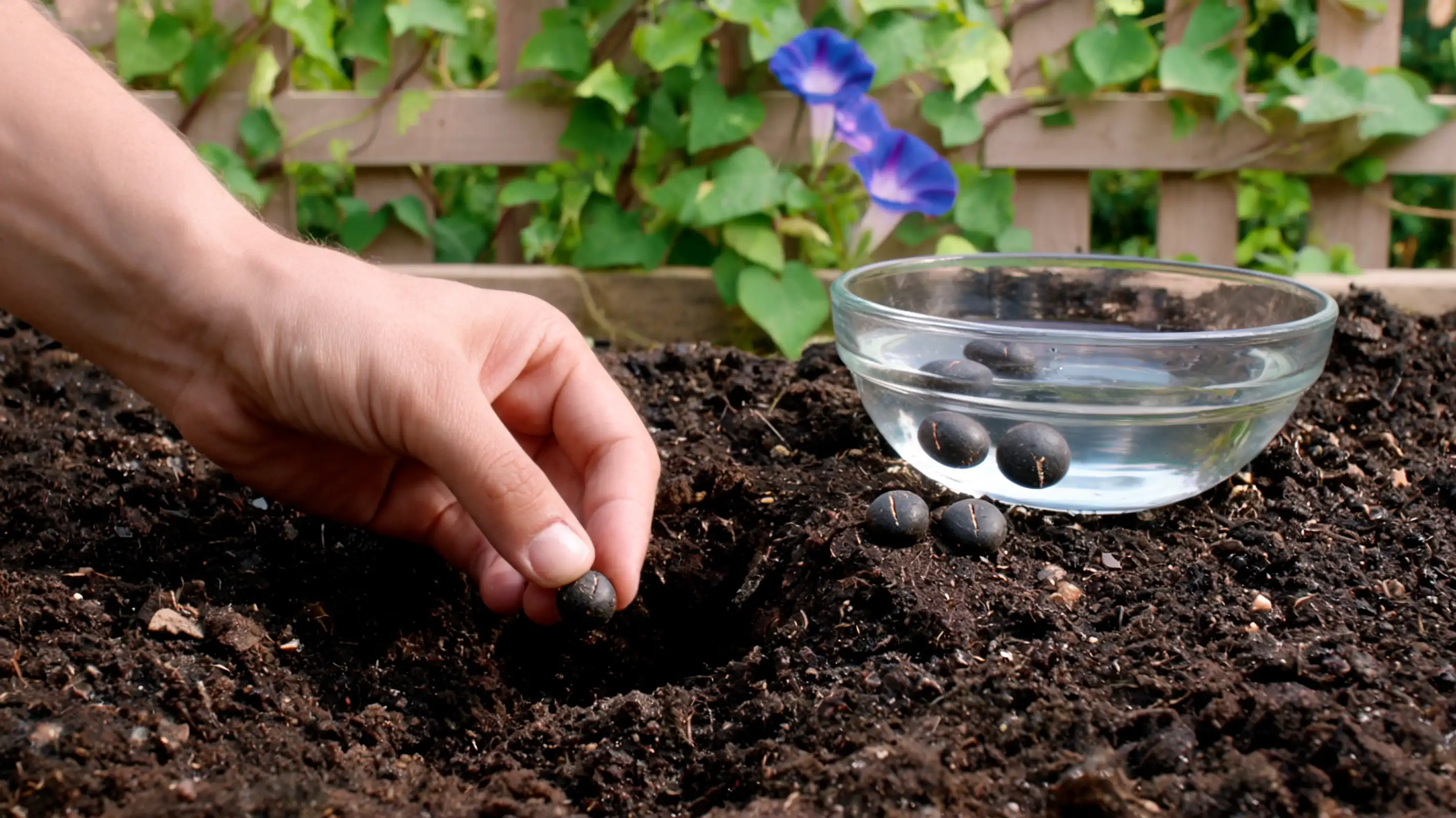 morning glory seeds being prepared and planted beside healthy vines climbing a wooden garden trellis