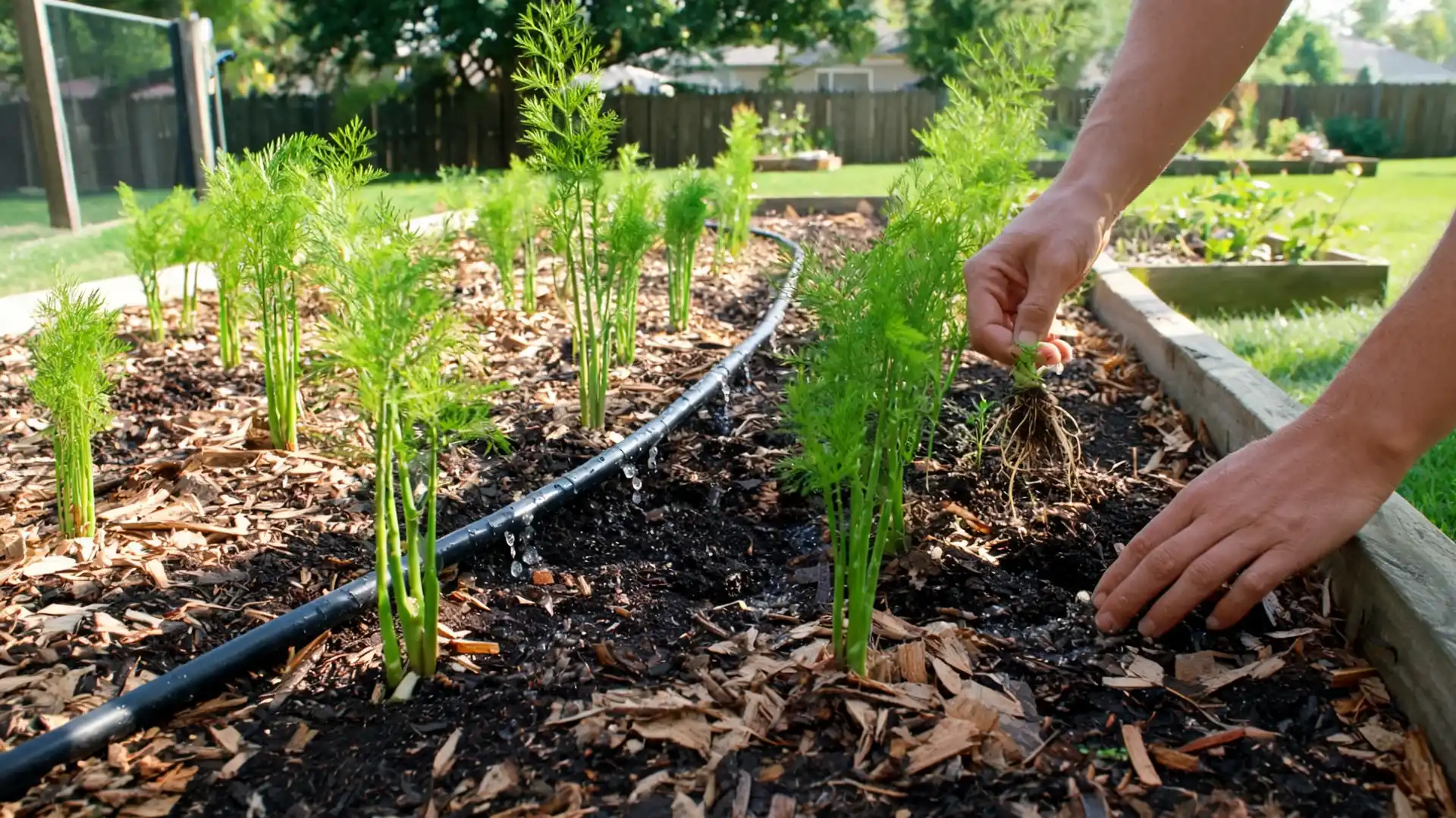 mulched asparagus bed stays moist with drip irrigation, healthy ferns, and careful weed control
