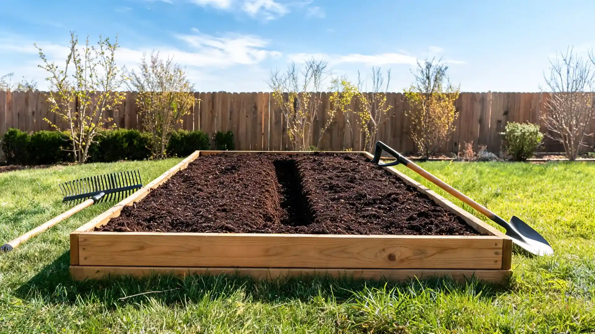 sunny garden bed with loose soil, shallow trench, compost, rake, and shovel nearby
