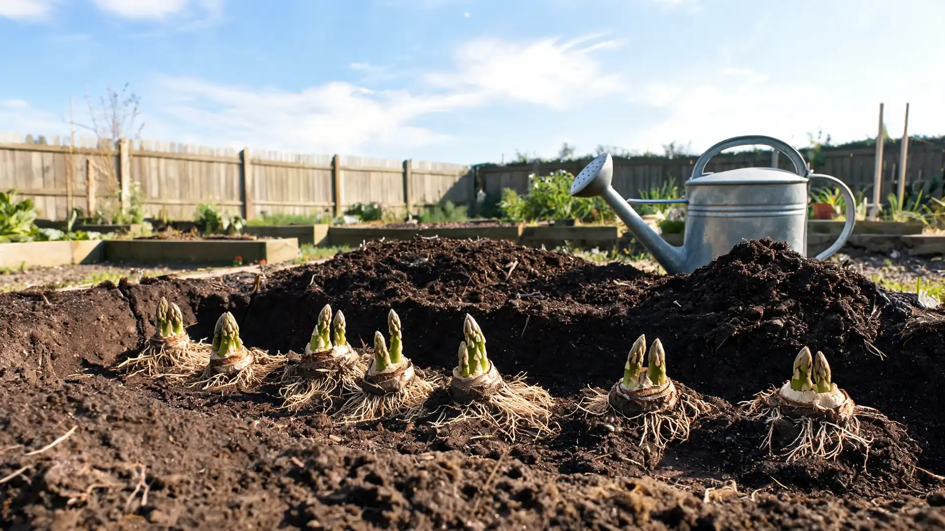 bare-root plants rest in a shallow trench while fresh soil and watering can sit nearby