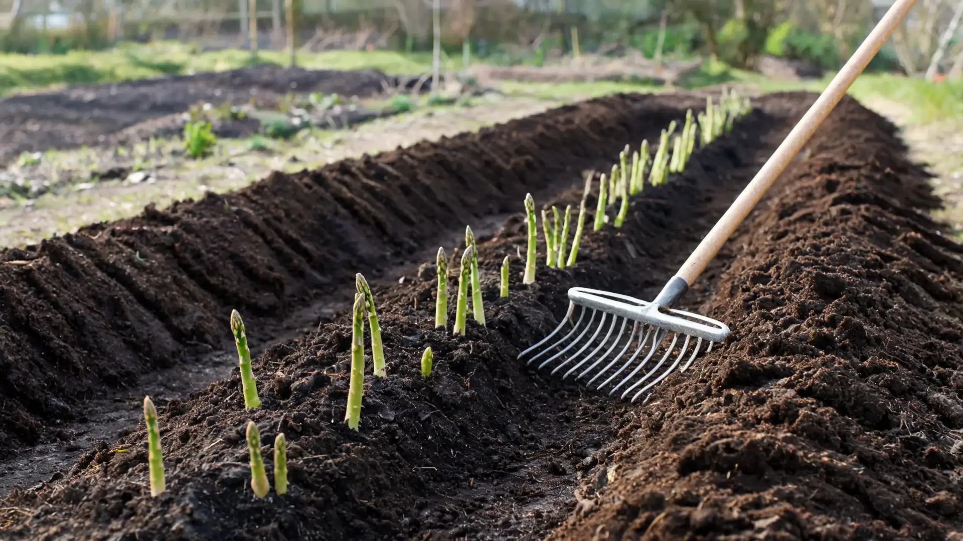 young asparagus shoots emerge as soil is gently raked into a sunny garden trench bed