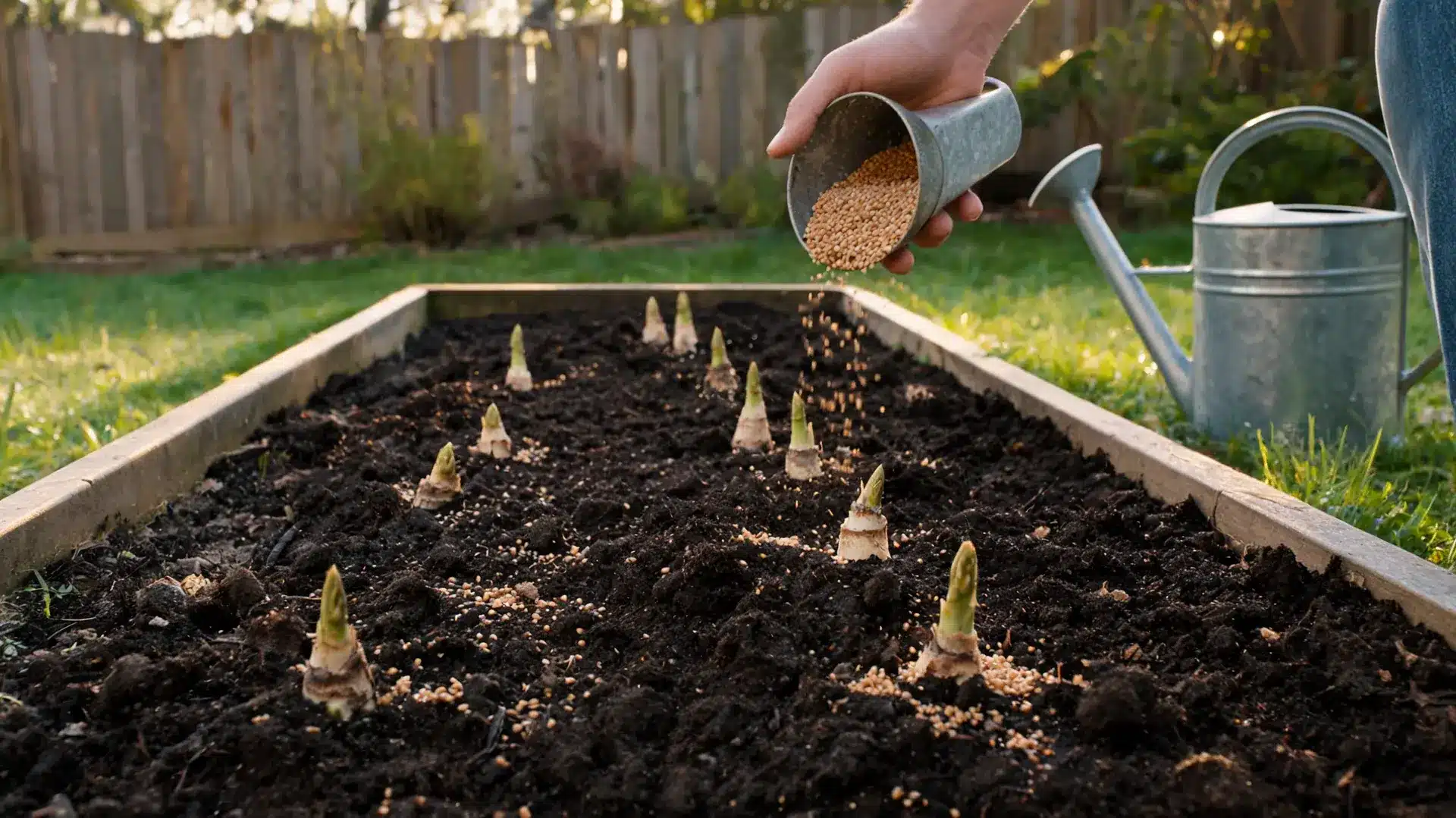 adding fertilizer to newly planted crowns in a sunny garden bed with watering can nearby