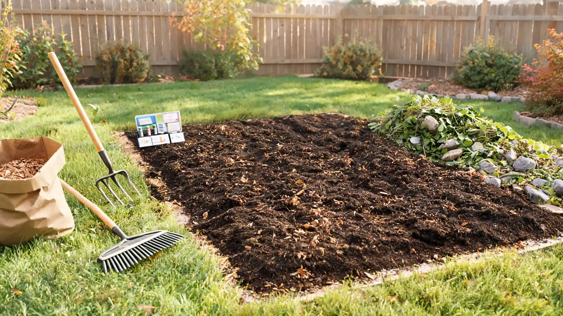 garden bed prepared with compost, cleared weeds, mulch, tools, and soil test kit nearby