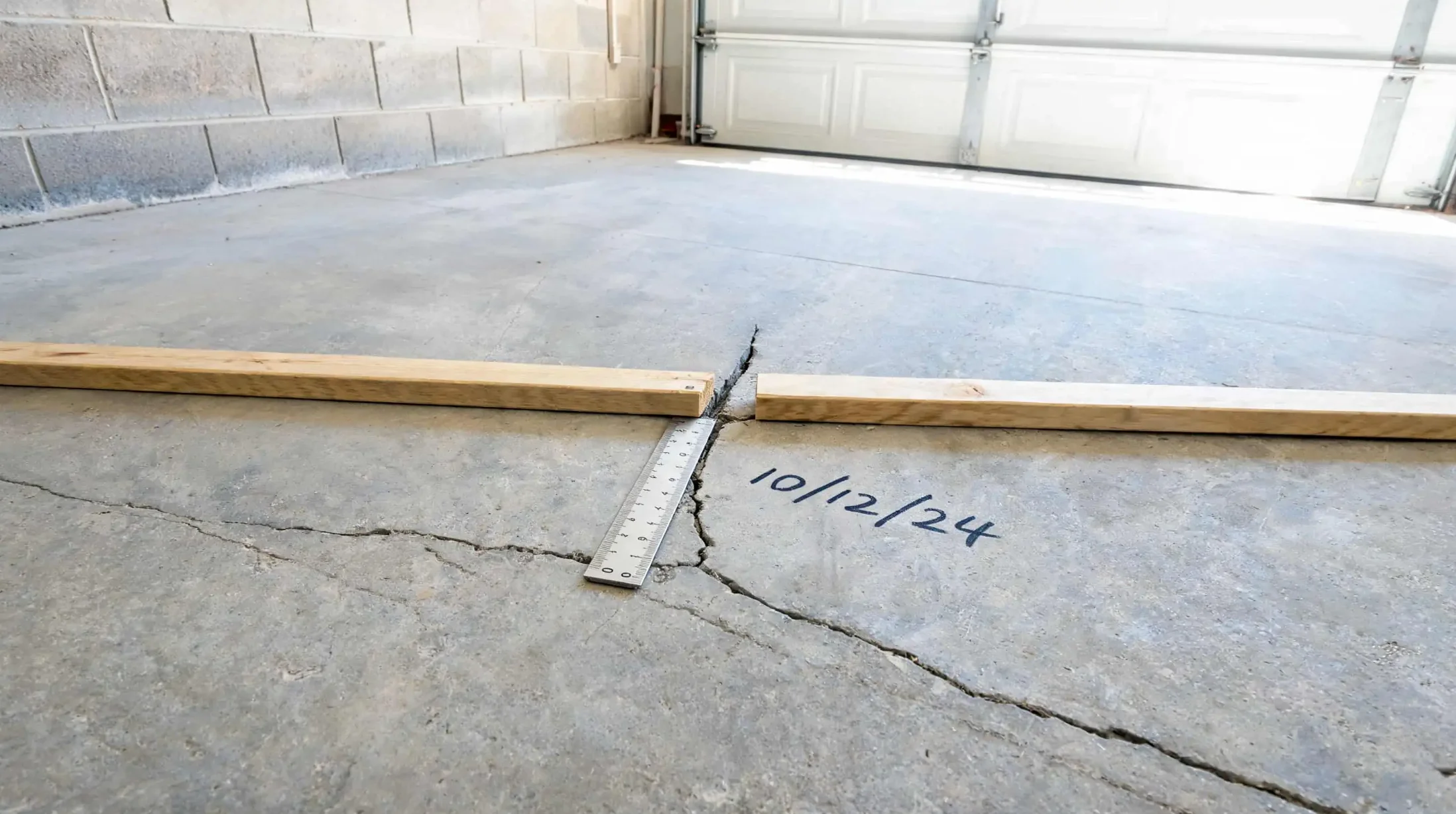 ruler and straight board checking the width and level of a crack in a concrete garage floor