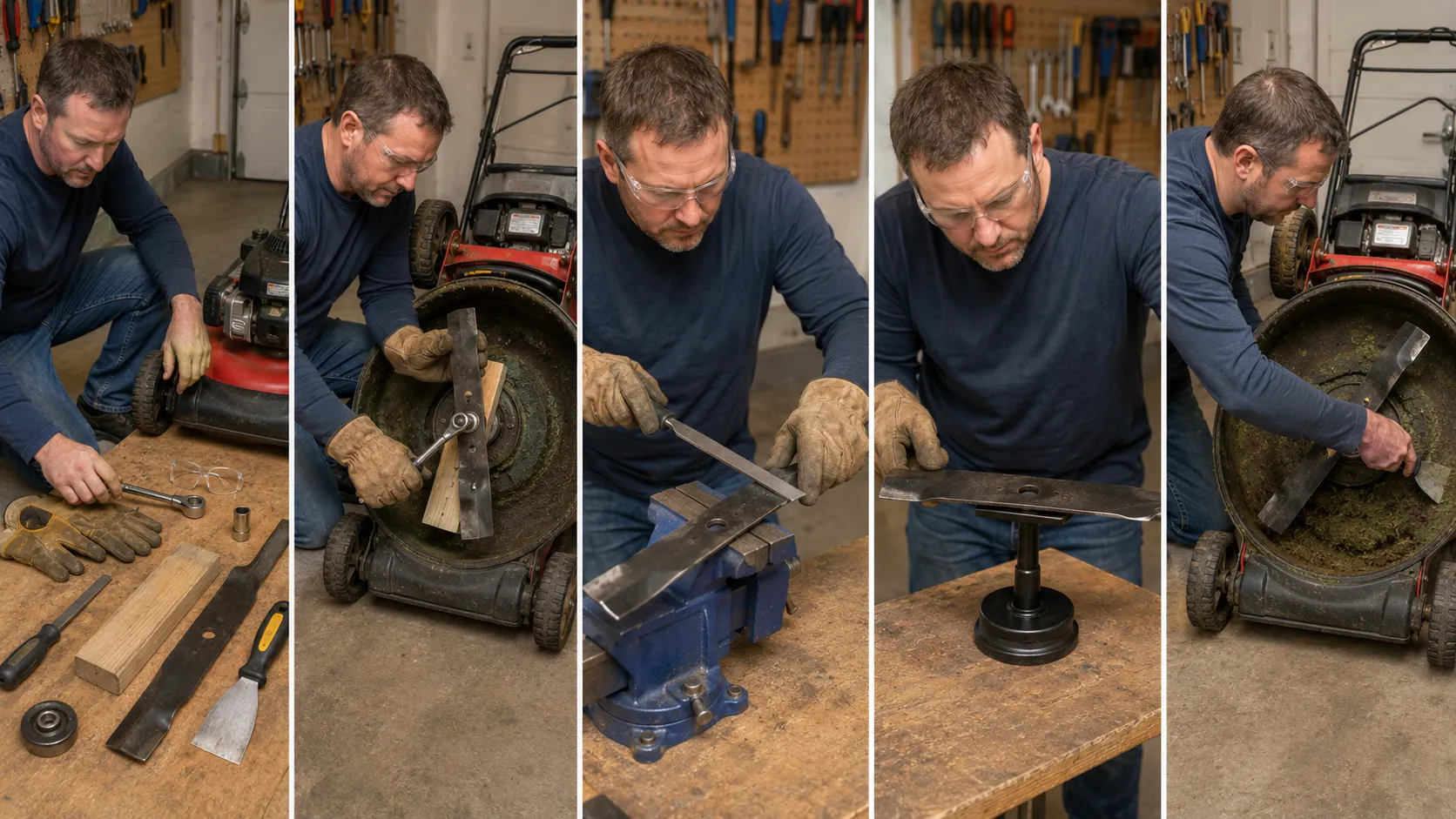 man safely removes, sharpens, balances, cleans, and reinstalls a lawn mower blade in workshop garage