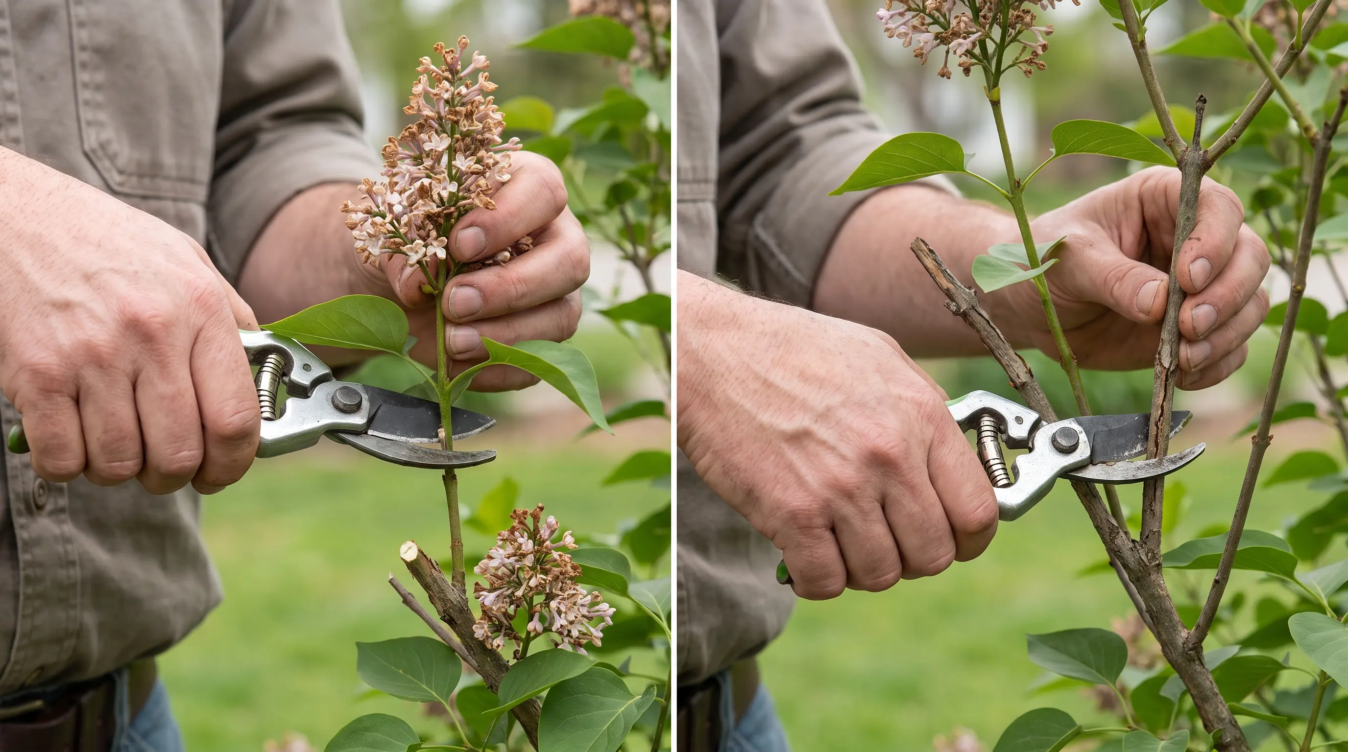gloved gardener cuts a faded lilac flower cluster with pruning shears beside leafy branches in bloom