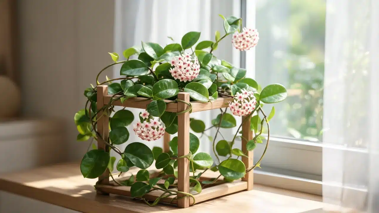 hoya carnosa vine with thick leaves and clusters of pink star-shaped flowers on a wooden frame indoors