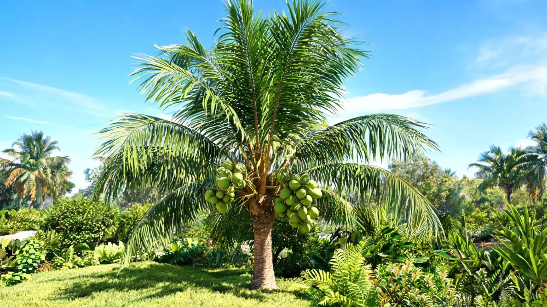 hybrid coconut palm with a moderate trunk height and full rounded crown in a tropical landscape