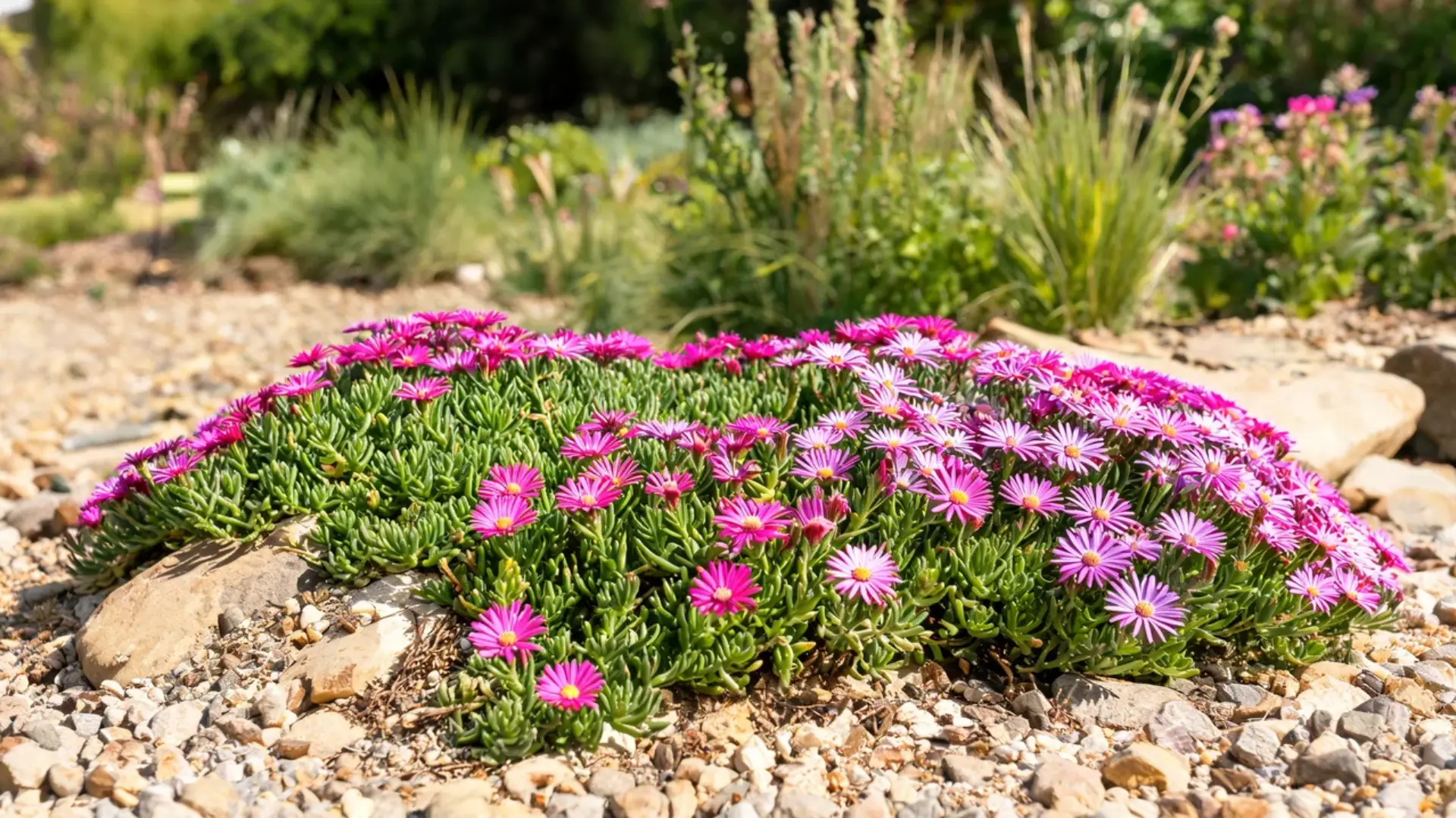 ice plant ground cover with vivid pink daisy like flowers spreading over fleshy succulent foliage