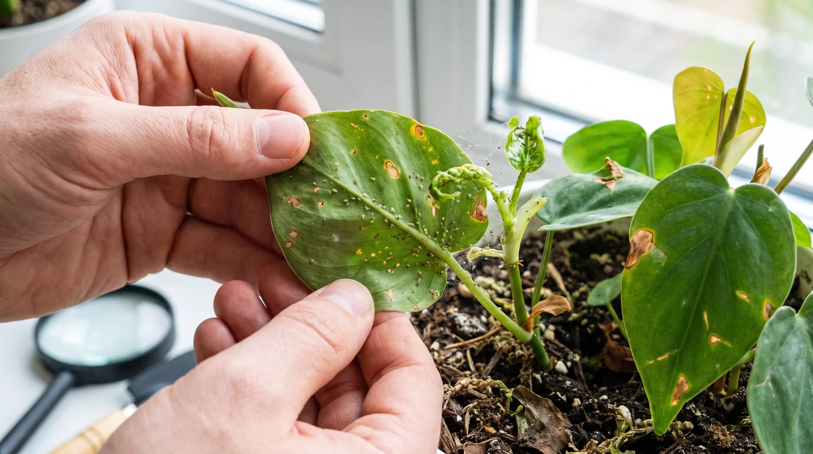 gardener closely inspecting the underside of a leaf for aphids and early pest damage signs