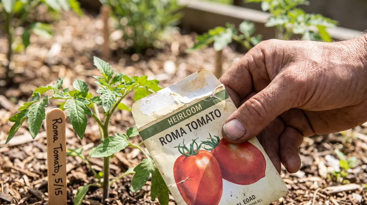 gardener closely examining a young tomato plant to identify its growth type before pruning begins