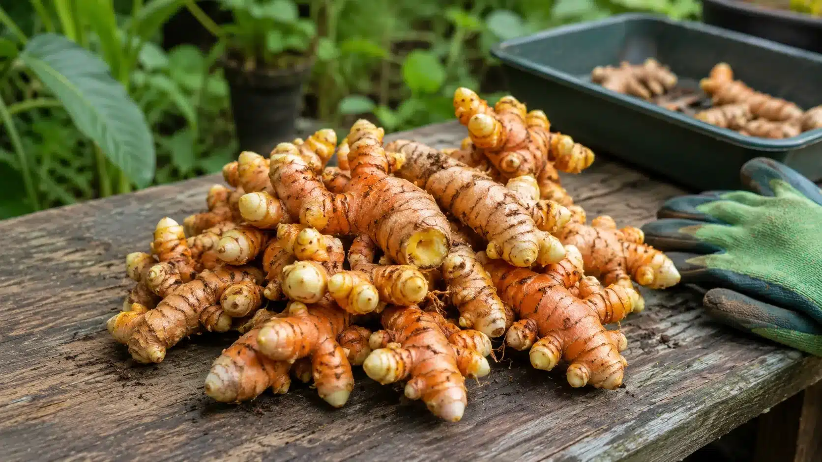 fresh turmeric rhizomes rest on a rustic garden table beside gloves, tray, and green foliage
