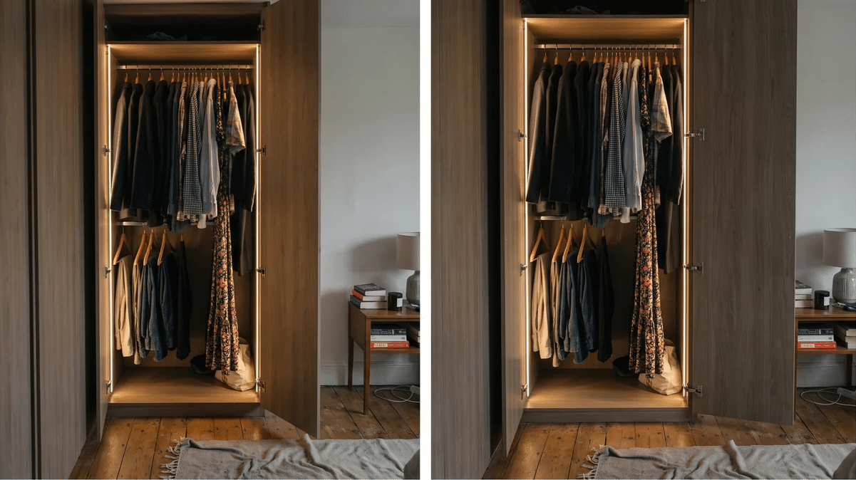 open wooden wardrobe with vertical led strips illuminating hanging clothes