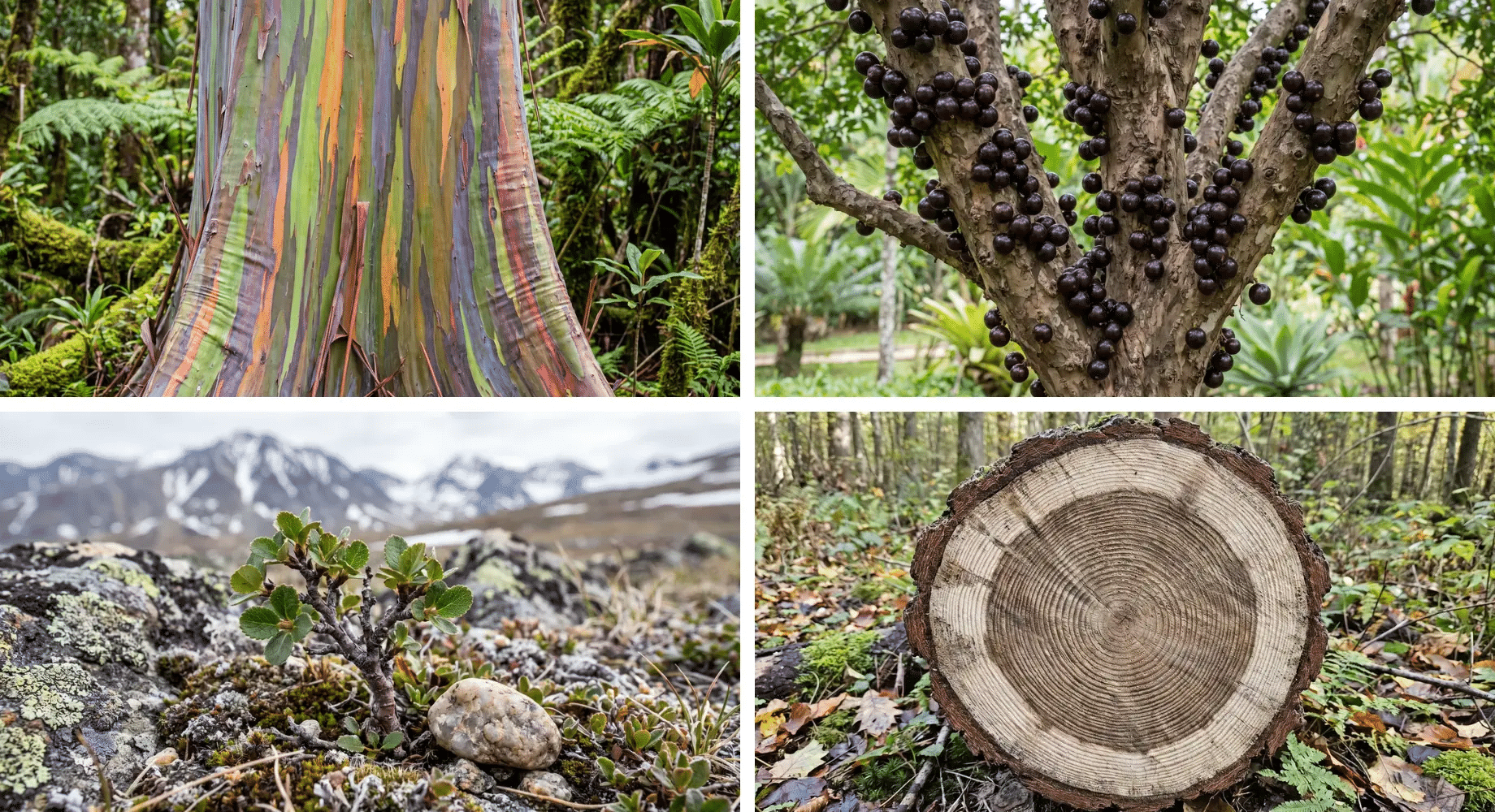 collage of colorful tree bark dark fruit on a trunk a tiny tundra shrub and tree rings in a forest