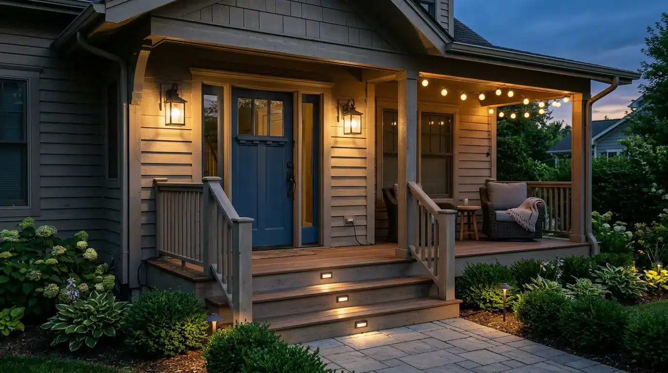 improve the porch lighting with wall lanterns string lights step lights and a blue front door