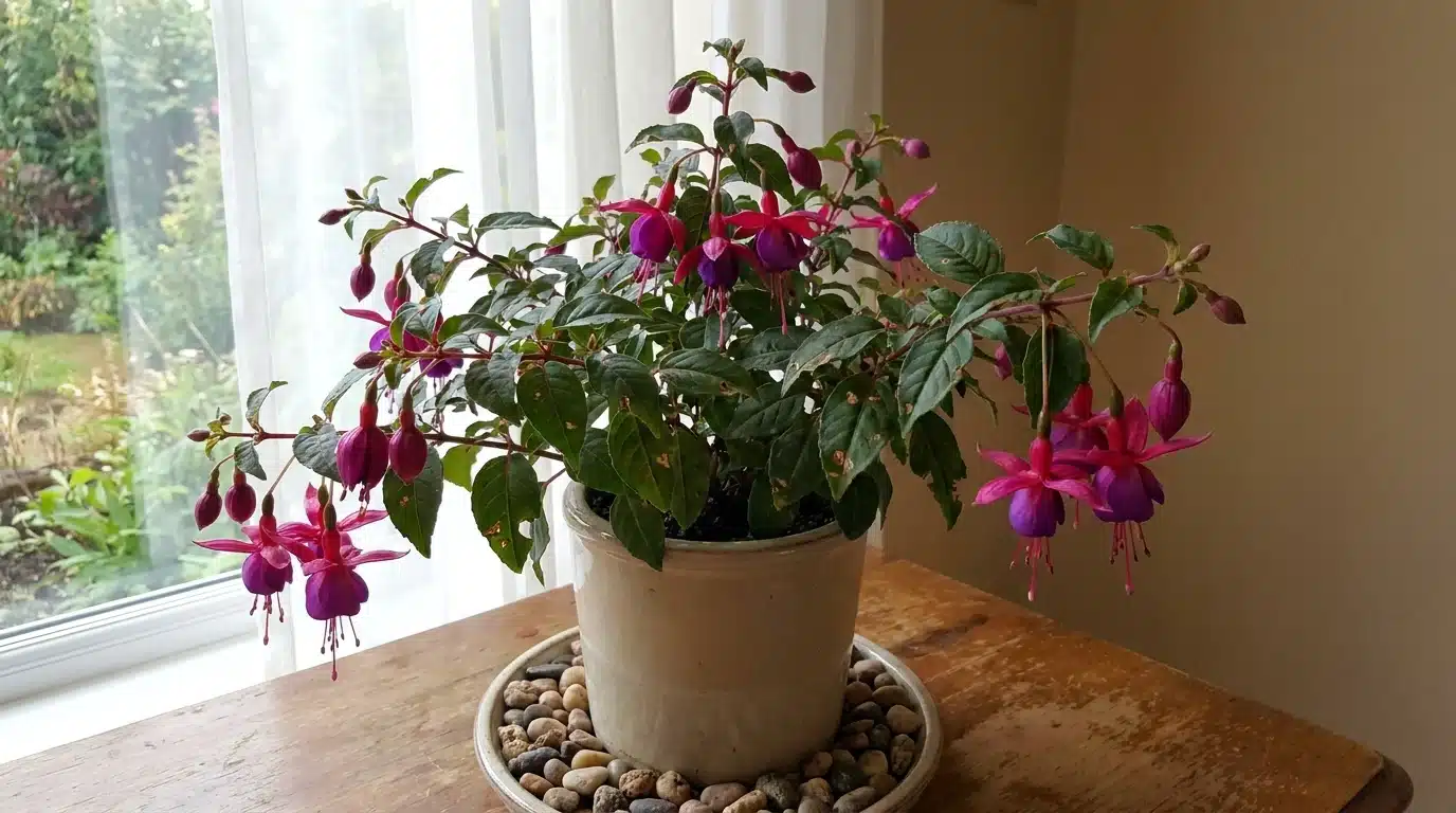 indoor fuchsia beside a bright window, blooming in a cream pot on a pebble-filled water tray