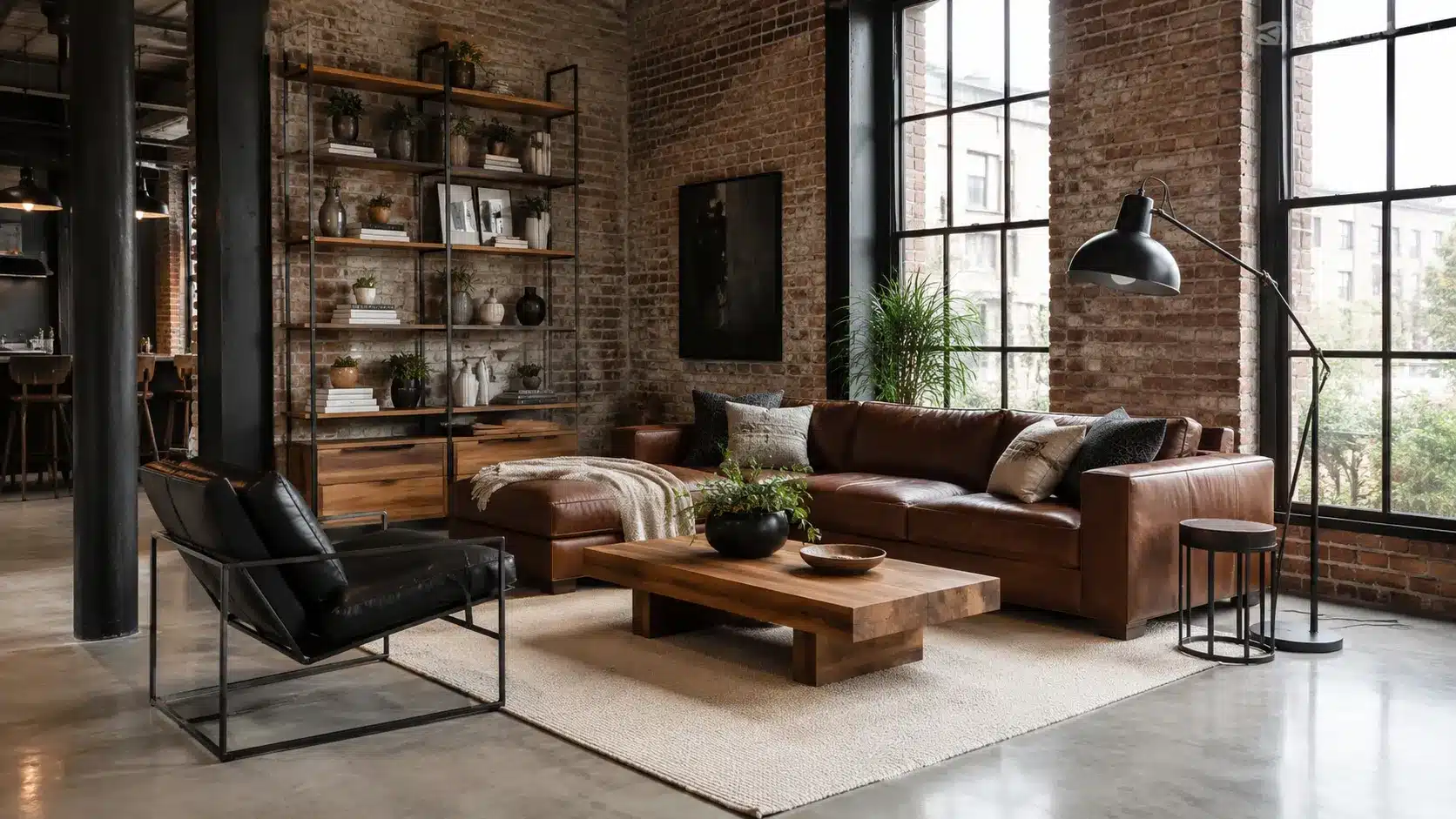 industrial apartment interior design with brick wall metal lighting leather sofa and open shelving