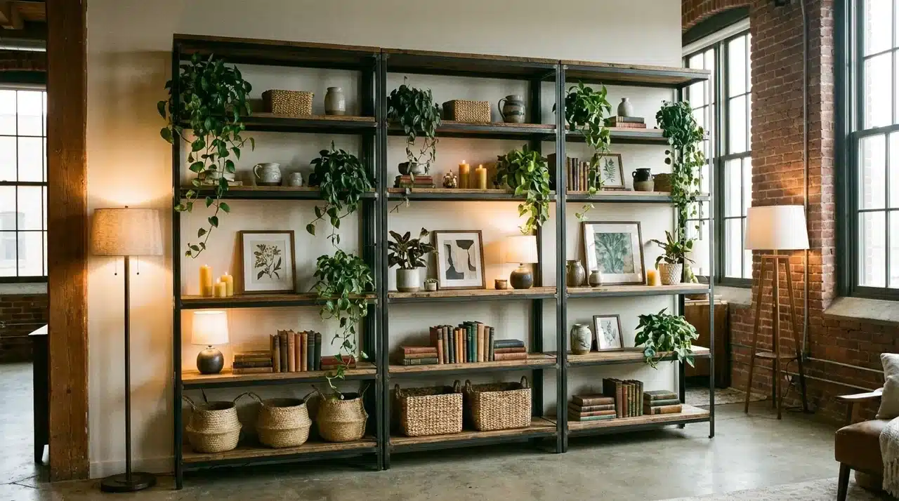 industrial shelves with plants pottery baskets and soft eclectic decor