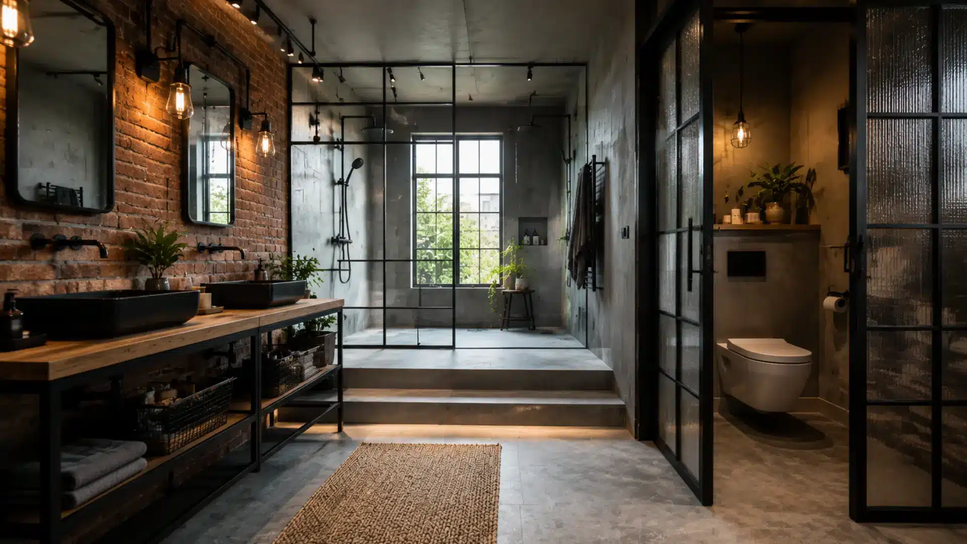 industrial water closet with exposed textures, black metal accents, and urban bathroom design