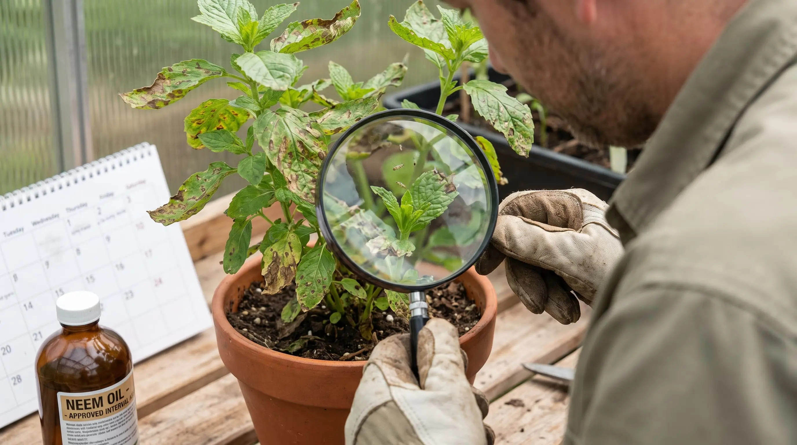 healthy plant leaves being closely inspected after drying following a neem oil spray treatment