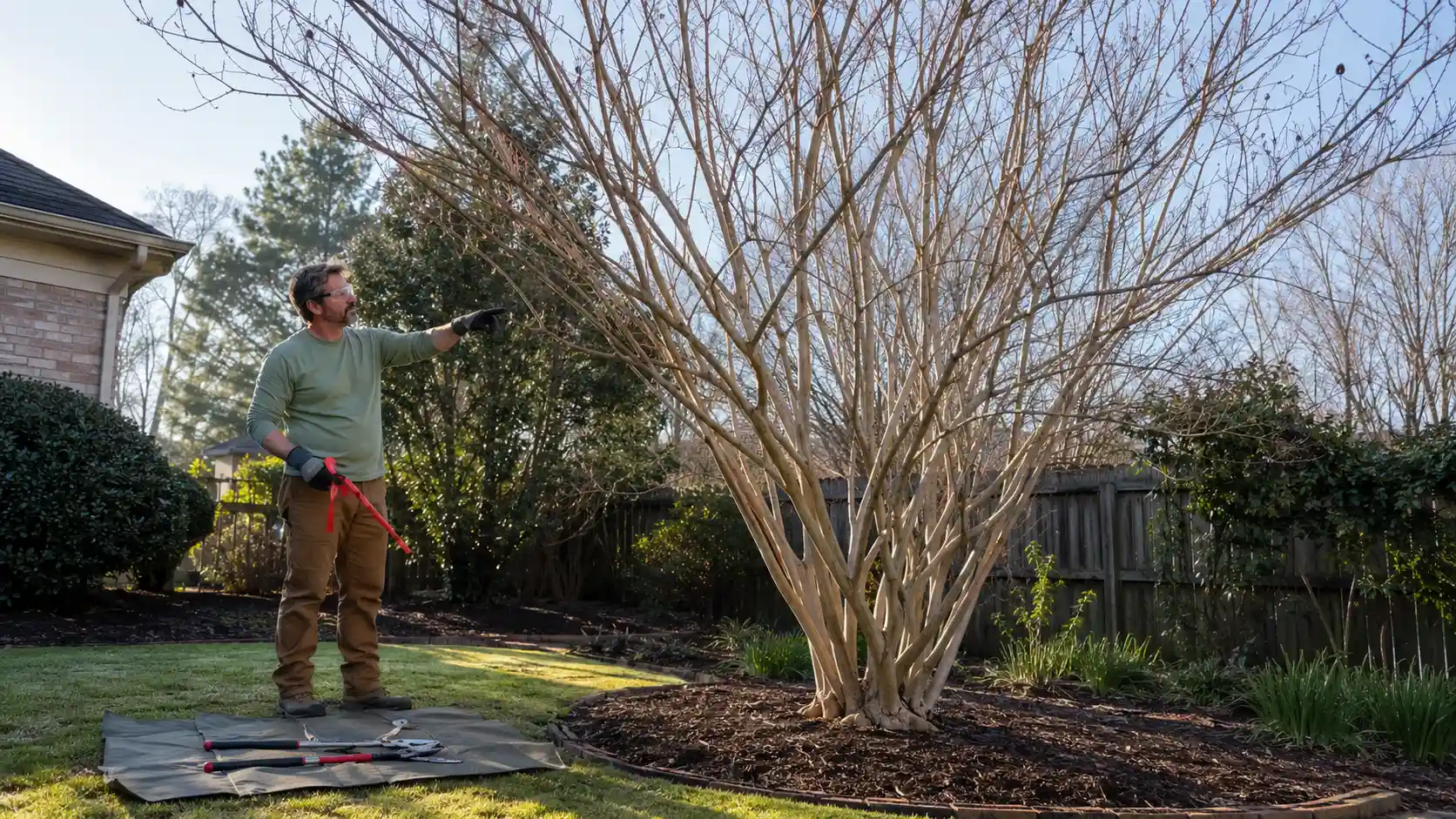 gardener inspects a mature crepe myrtle and marks crowded or damaged branches before pruning