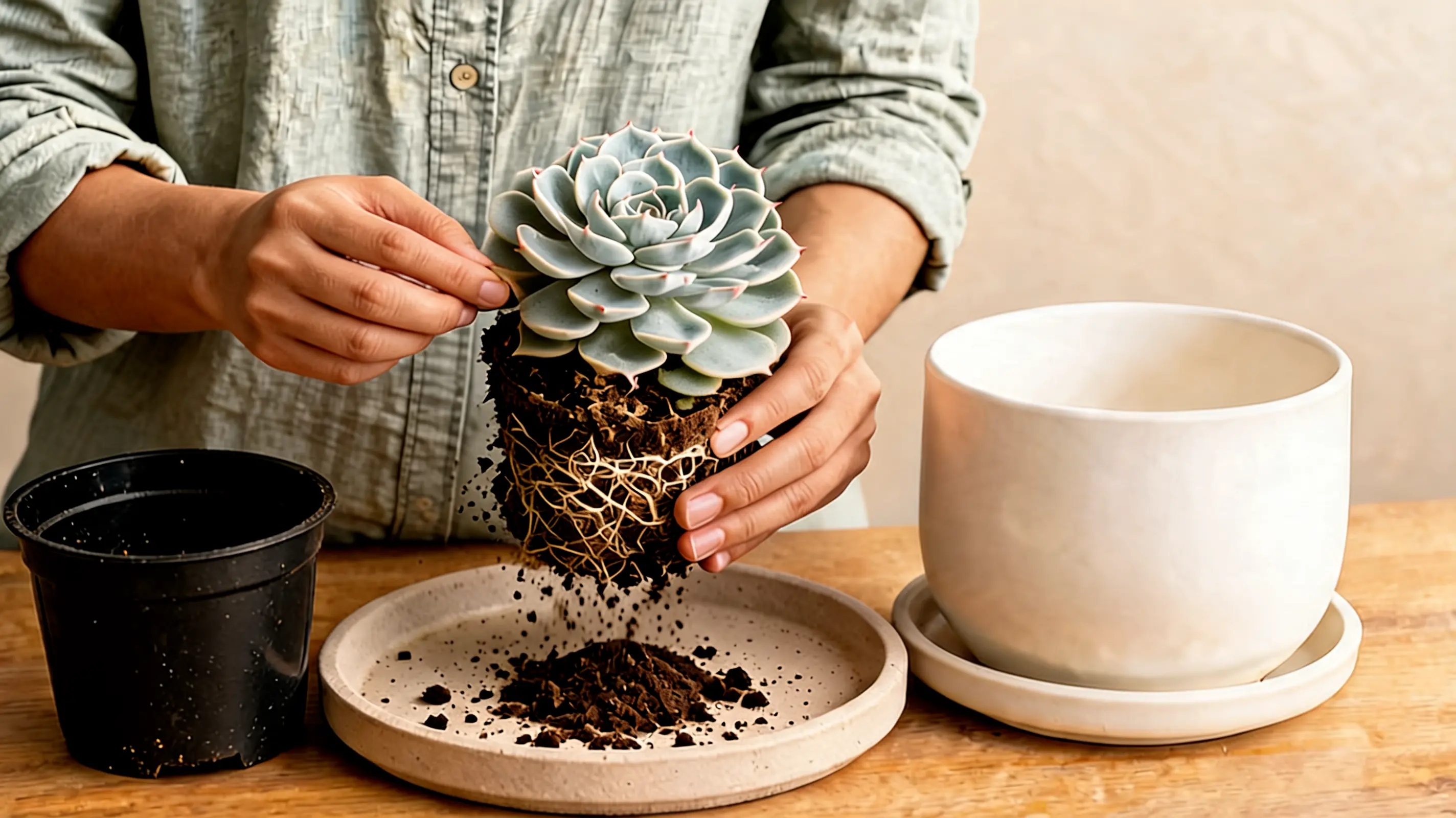 hands inspect the exposed roots and lower leaves of an echeveria before placing it into a larger ceramic pot