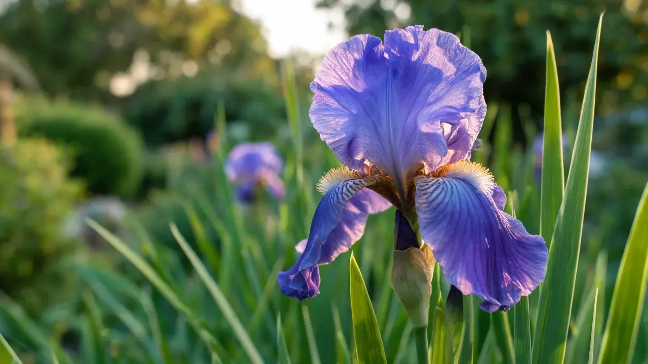 purple bearded iris with layered petals and tall sword-shaped leaves blooming naturally in a sunny garden