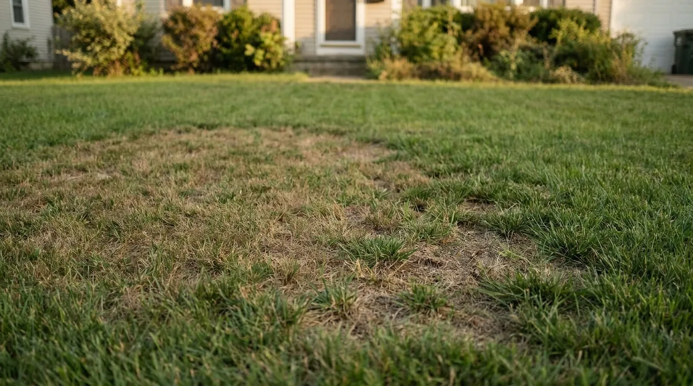an uneven brown and thinning patch spreads through a green front lawn outside a suburban home