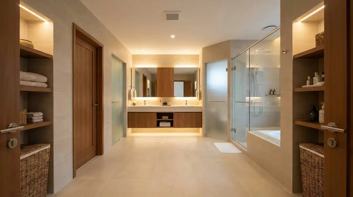 jack and jill bathroom with two doors shared vanity bathing area and clear traffic flow