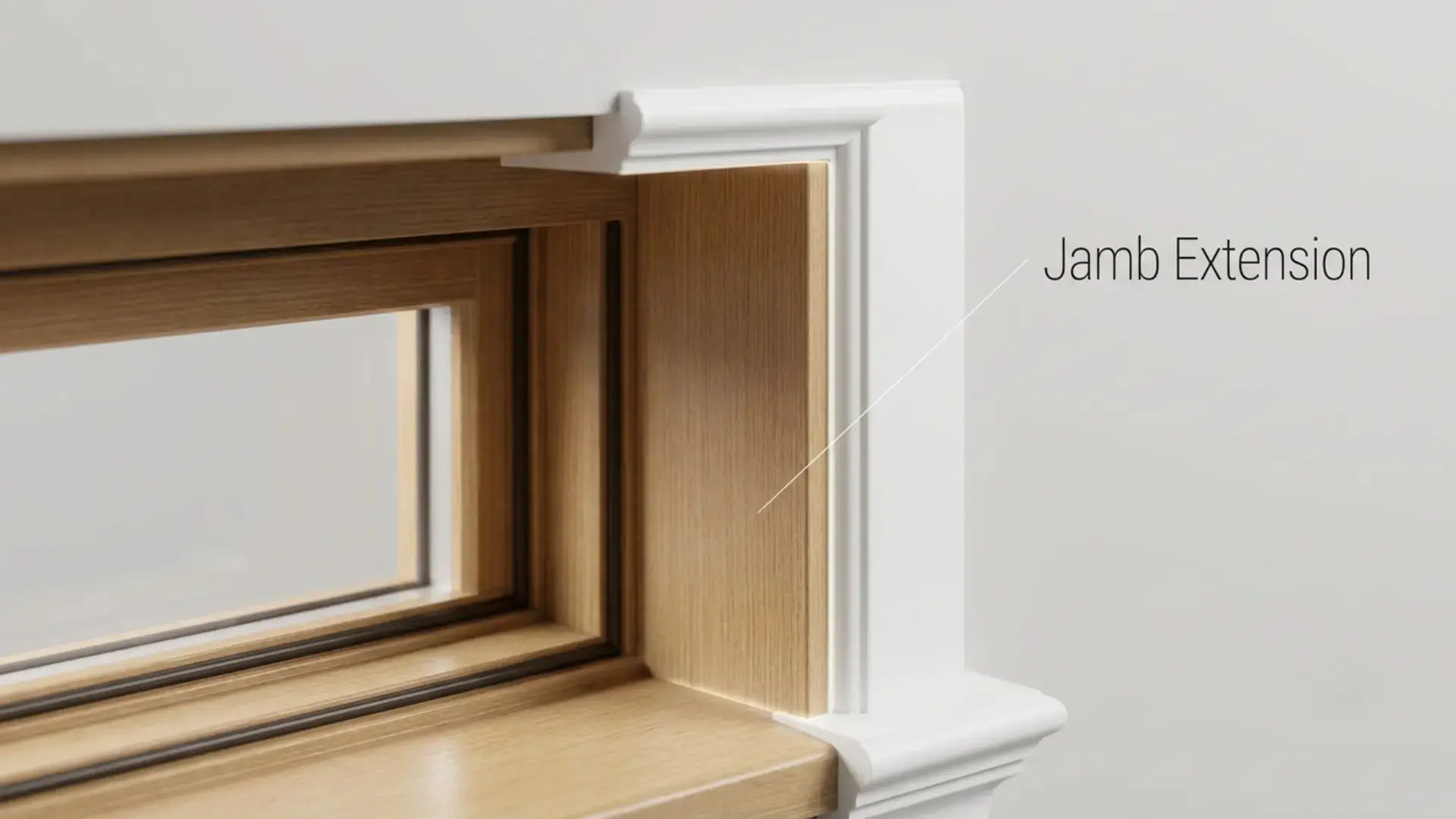close view of a wood window corner highlighting the jamb extension beside white interior trim