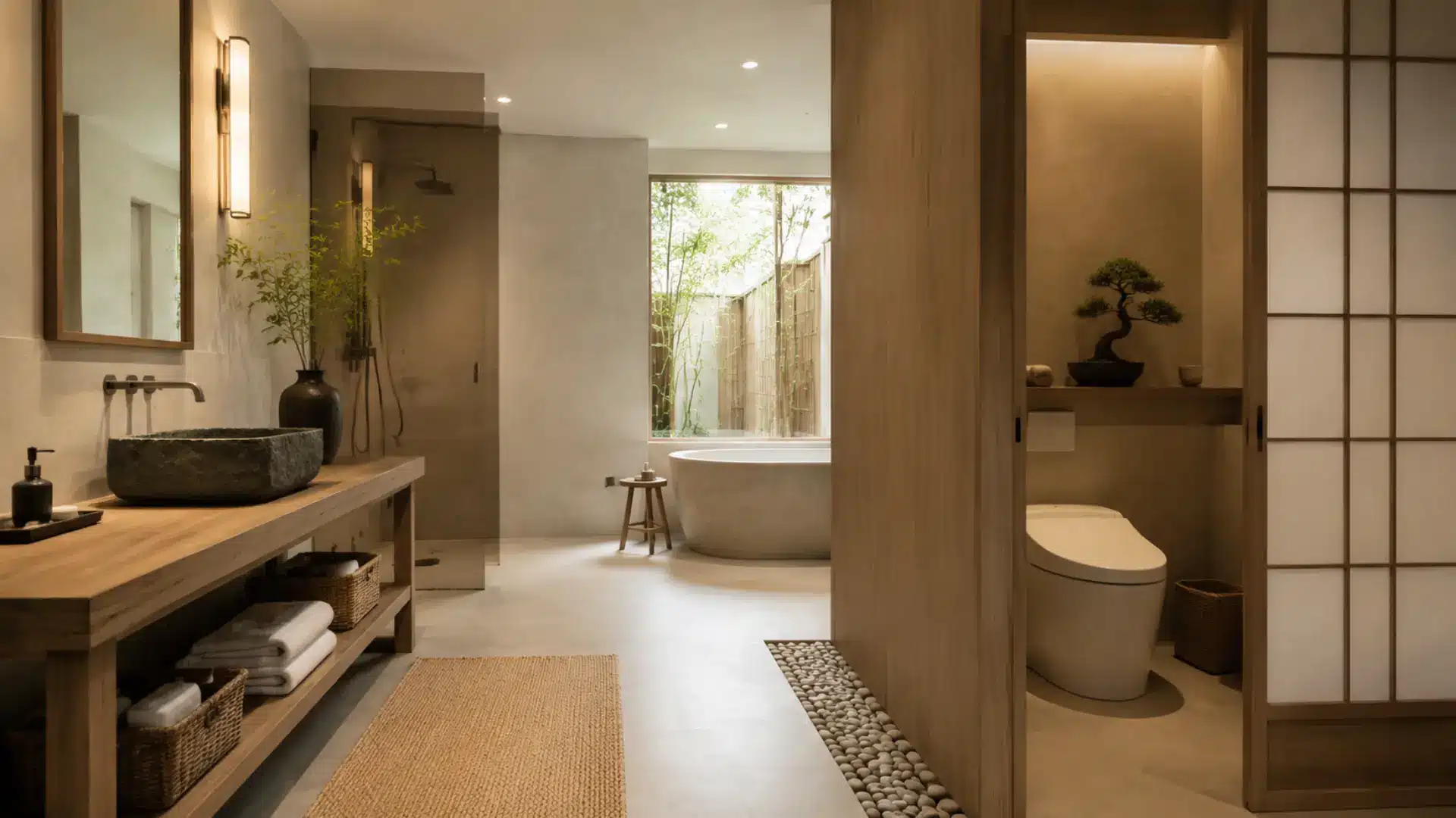 japandi style water closet with wood accents, natural materials, and minimalist calming design