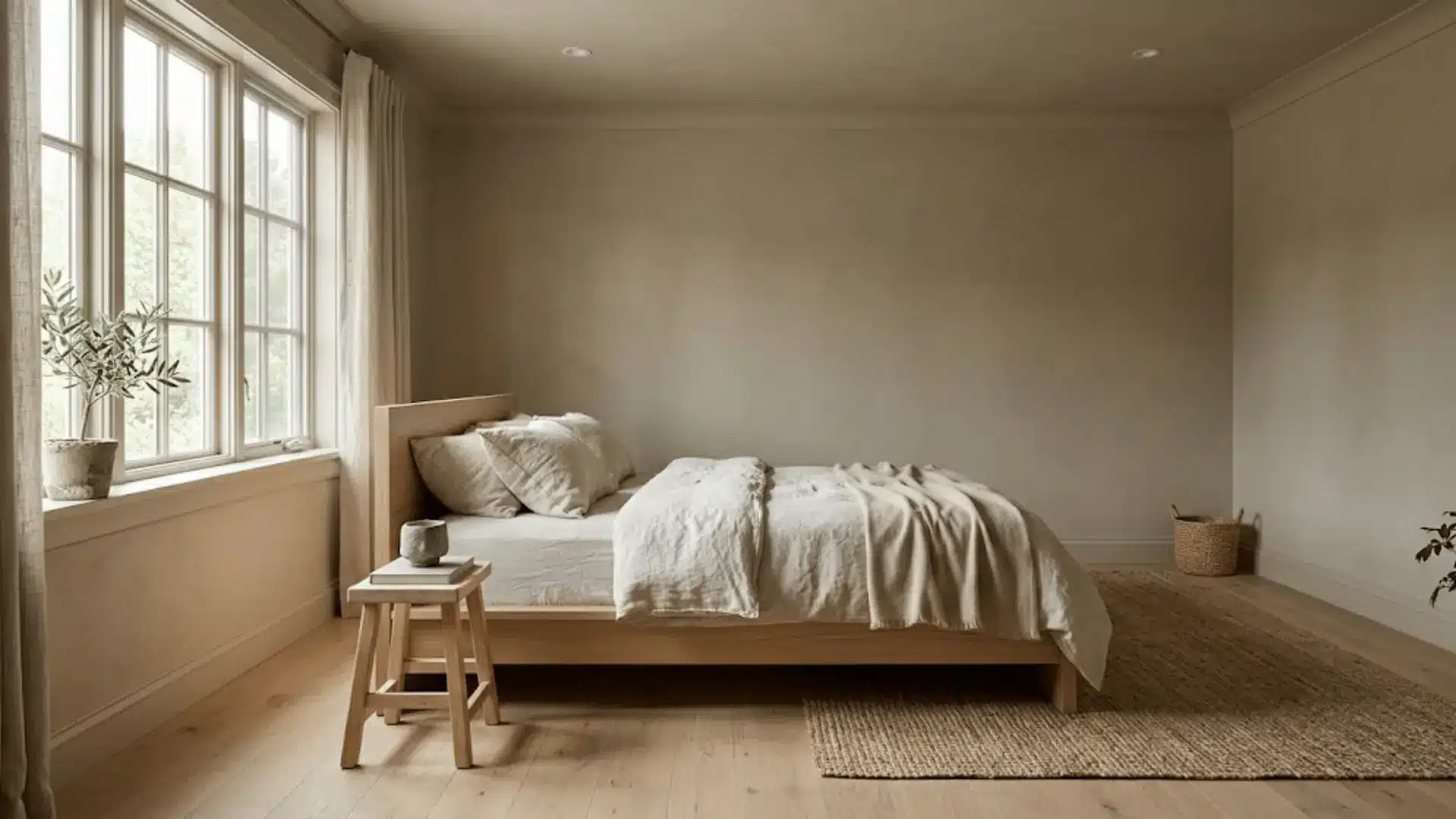 japandi bedroom color drenched in warm clay tone with natural wood and linen