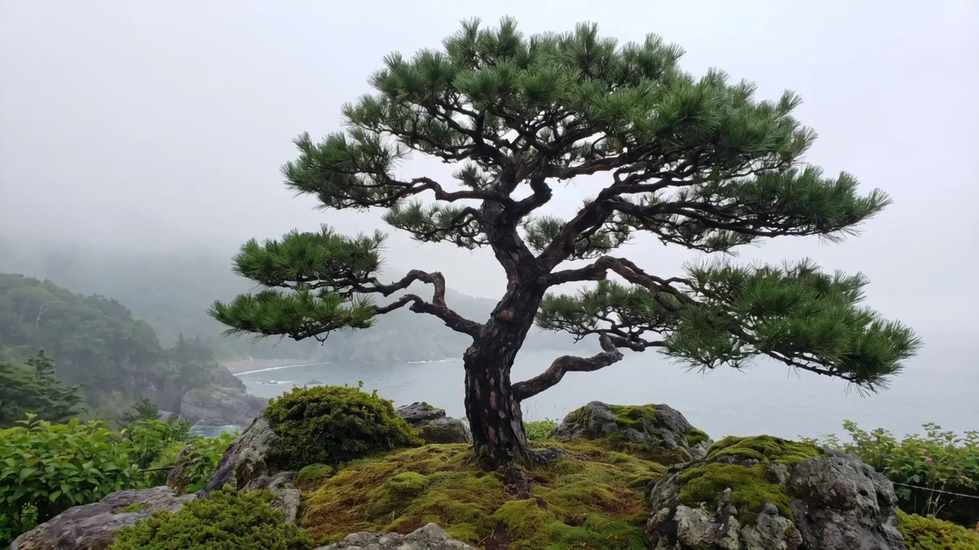 japanese black pine with dense dark needles rugged bark and a windswept crown beside the sea