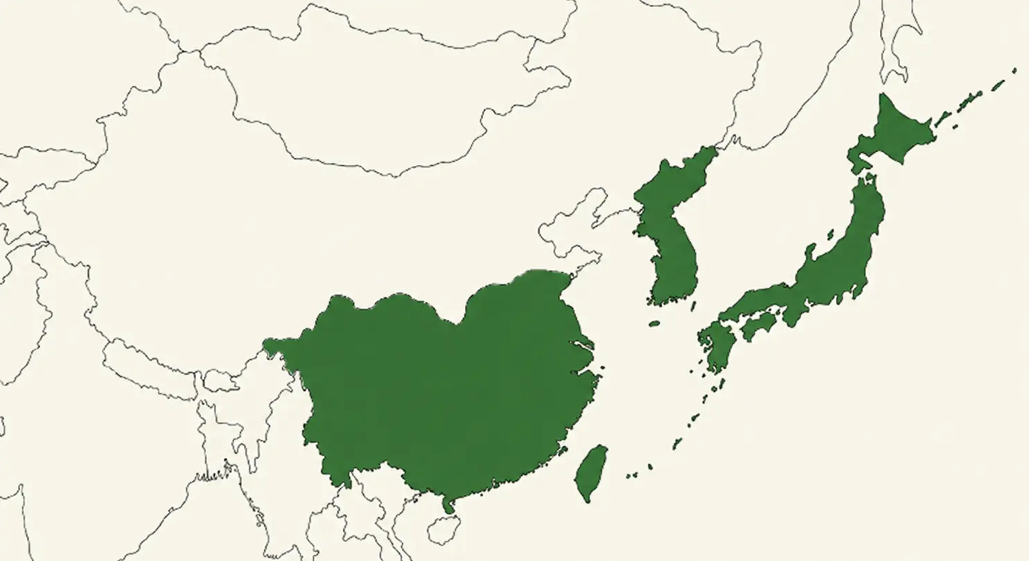 map of east asia with green shaded regions showing the ranges of japanese chinese and engler beech trees