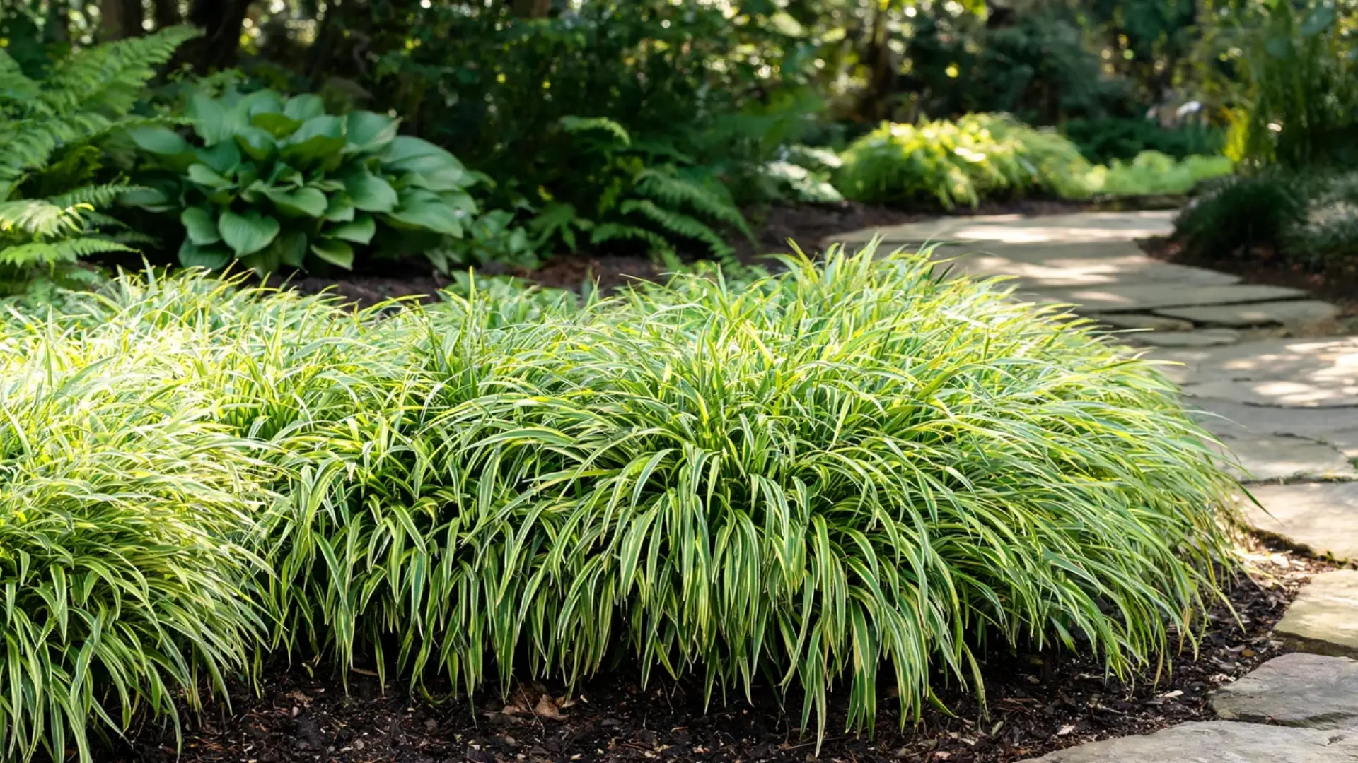 japanese forest grass forming arching golden green blades in a shaded garden border planting