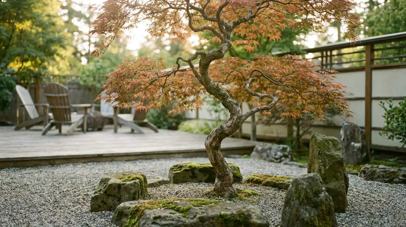 japanese maple zen garden ideas with soft leaves, open gravel, and a calm focal point near seating