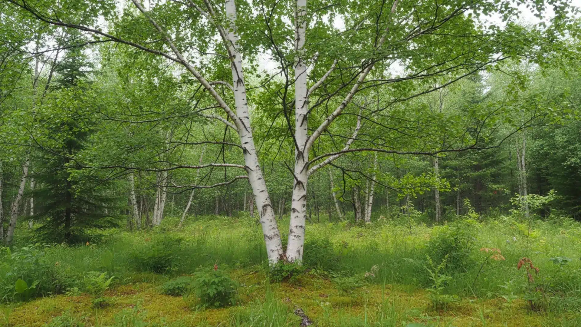 japanese white birch with smooth pale bark stands in a lush meadow bordered by green woodland