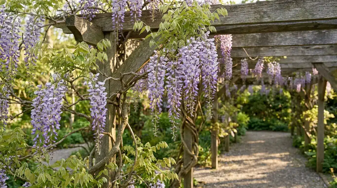 japanese wisteria with long purple flower clusters hanging from a weathered garden pergola