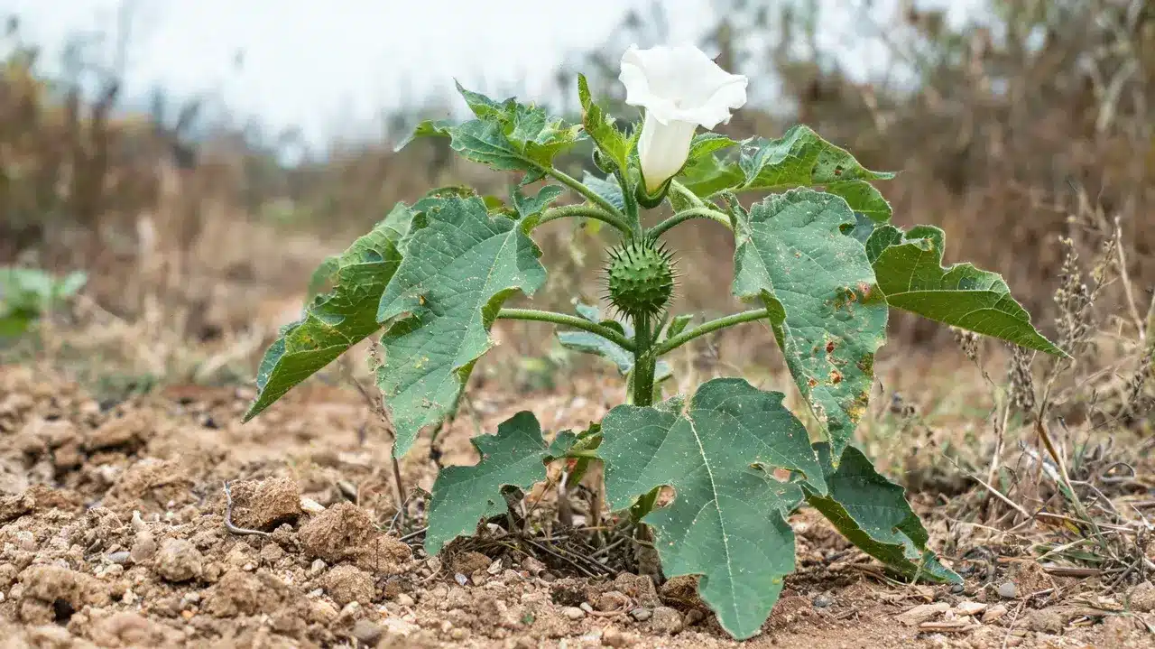 jimson weed with white trumpet-shaped flowers, broad green leaves and a spiny seed pod in dry garden soil