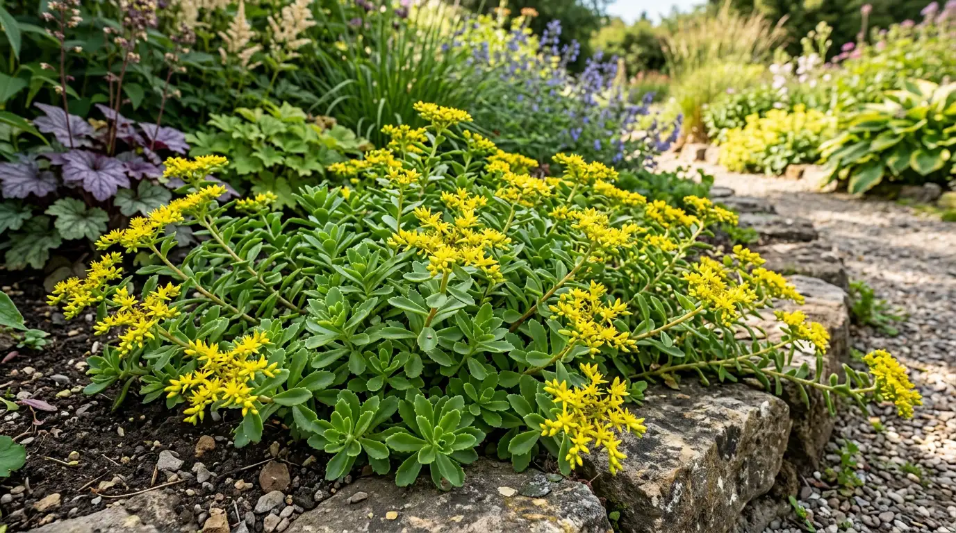 kamtschaticum sedum with green leaves and bright yellow flowers spilling over a stone garden edge
